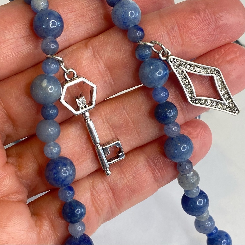 WHBM Blue Necklace Aventurine Stone Beaded Rhinestone Key Charm Long - Picture 12 of 14